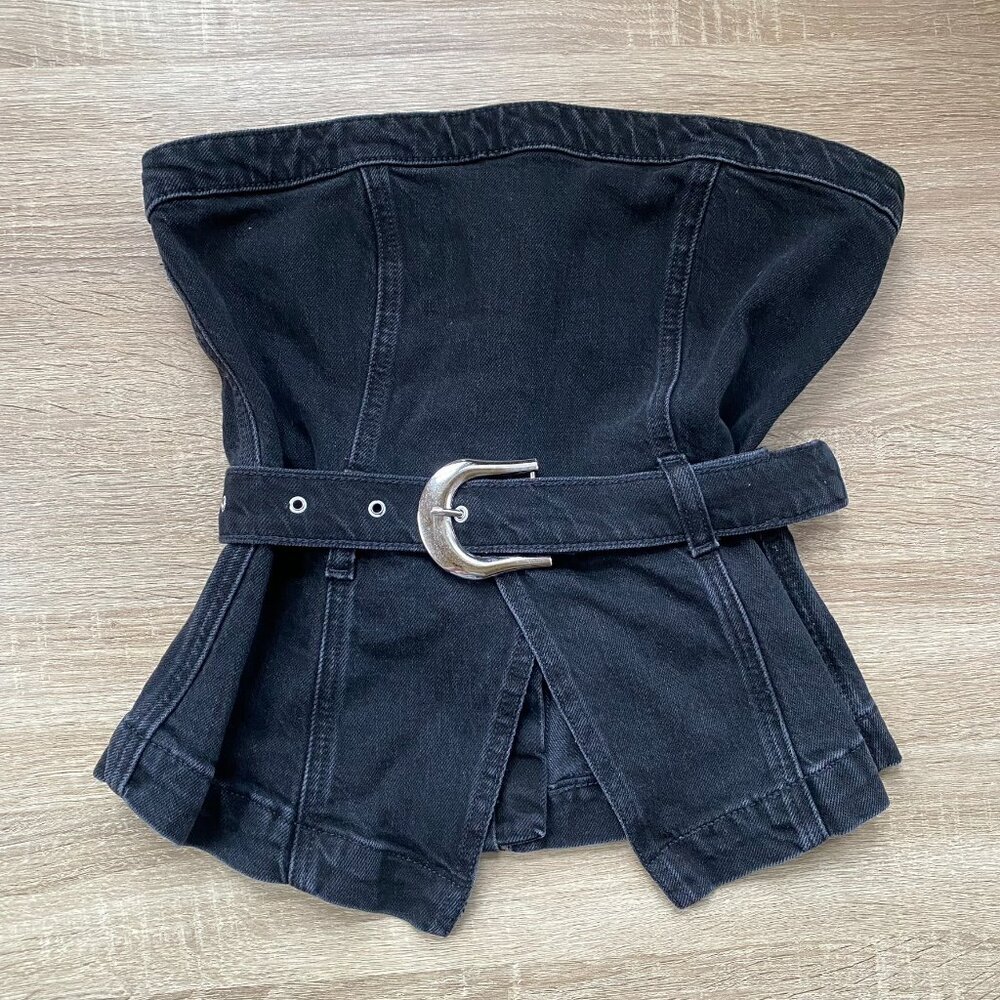 Reformation Collins Denim Buckle Strapless Top Nicoya Black Silver 4